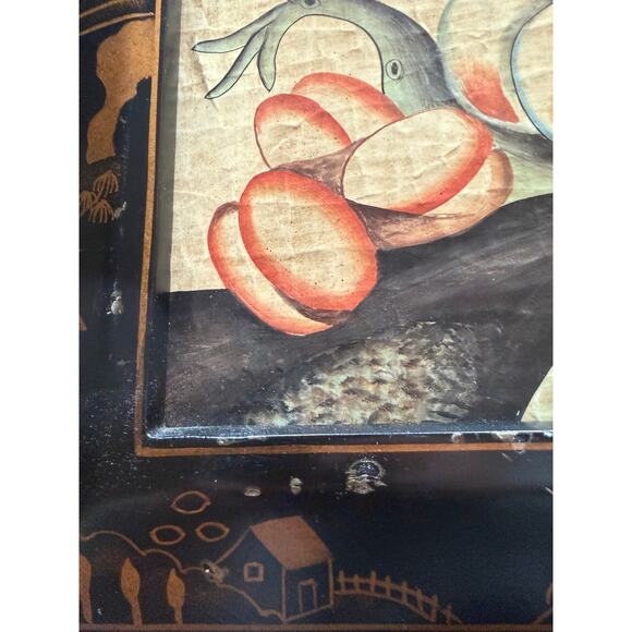 Vintage Asian Art Lacquered Panel Hand-Painted Scene Parrot Butterflies & Grapes - Picture 7 of 10